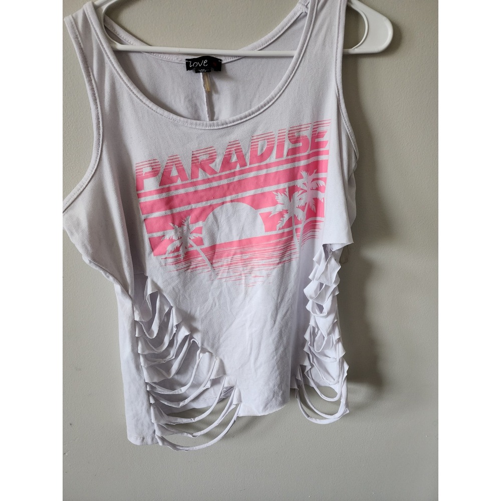 Love Paradise Graphic Tank Top Size 2x White Pink Shredded Sides Plus